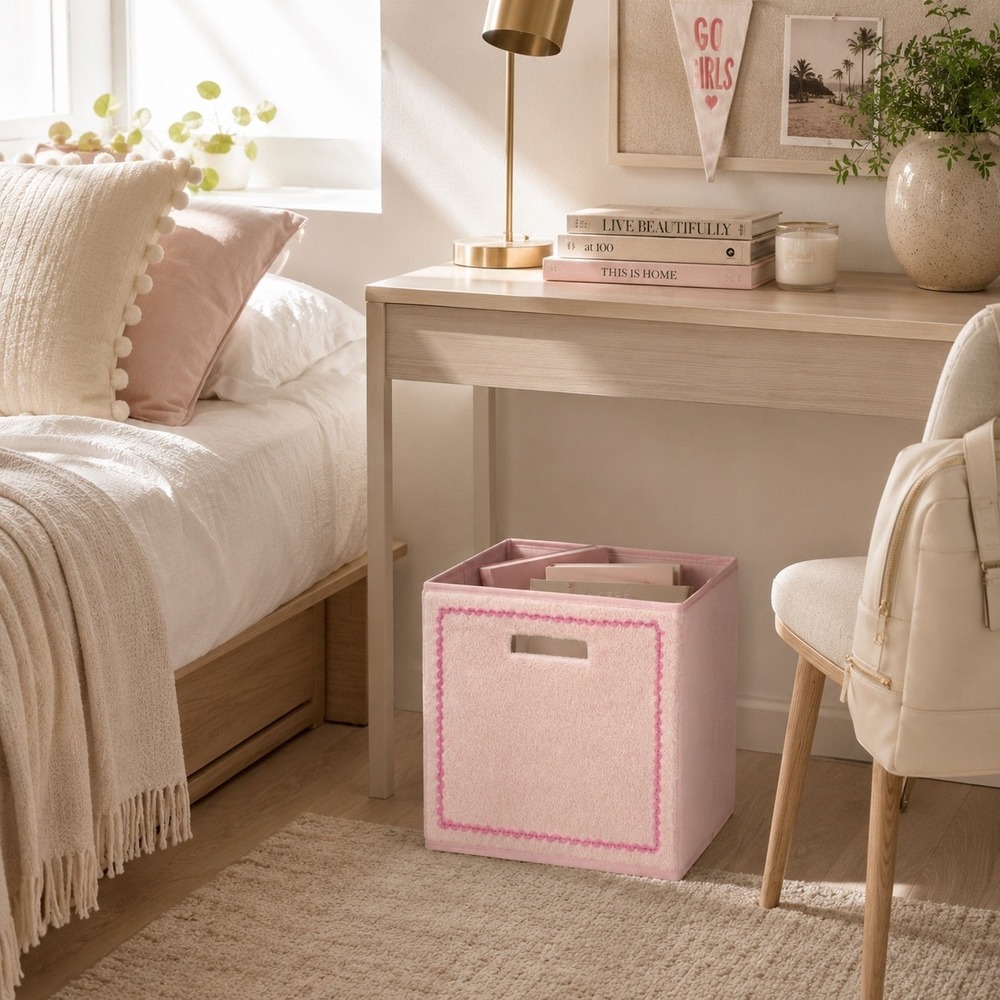 Teen Home Pink Faux Fur 11" Knock Down Storage Bin Cube Ric-Rac Trim NEW 2‎ Pack